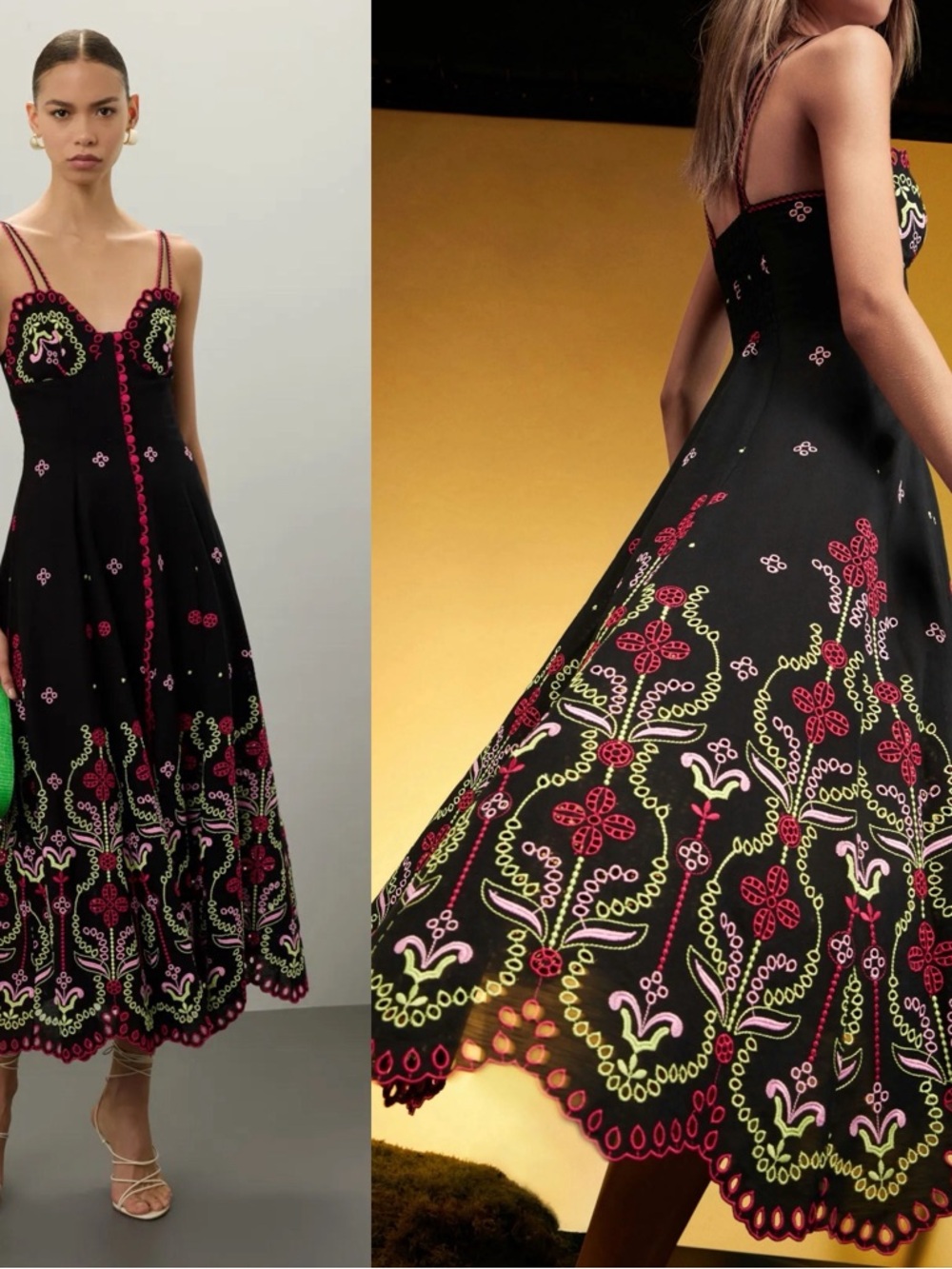 Charo Ruiz Mutti Black Floral Embroidered Eyelet Ibiza Midi Dress Size XS